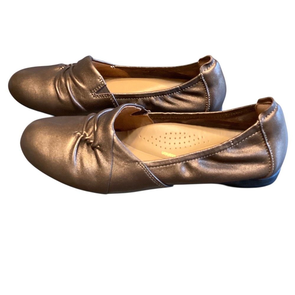 Clarks Rena Way Bronze Ballet Flats Ruched Slip On Loafers Flats Contour Cushio - Picture 4 of 9